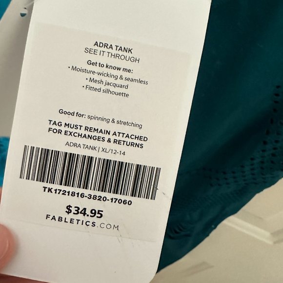 FABLETICS Adra Tank Teal Moisture Wicking Mesh Jacquard XL 12-14 NWT - Picture 5 of 6